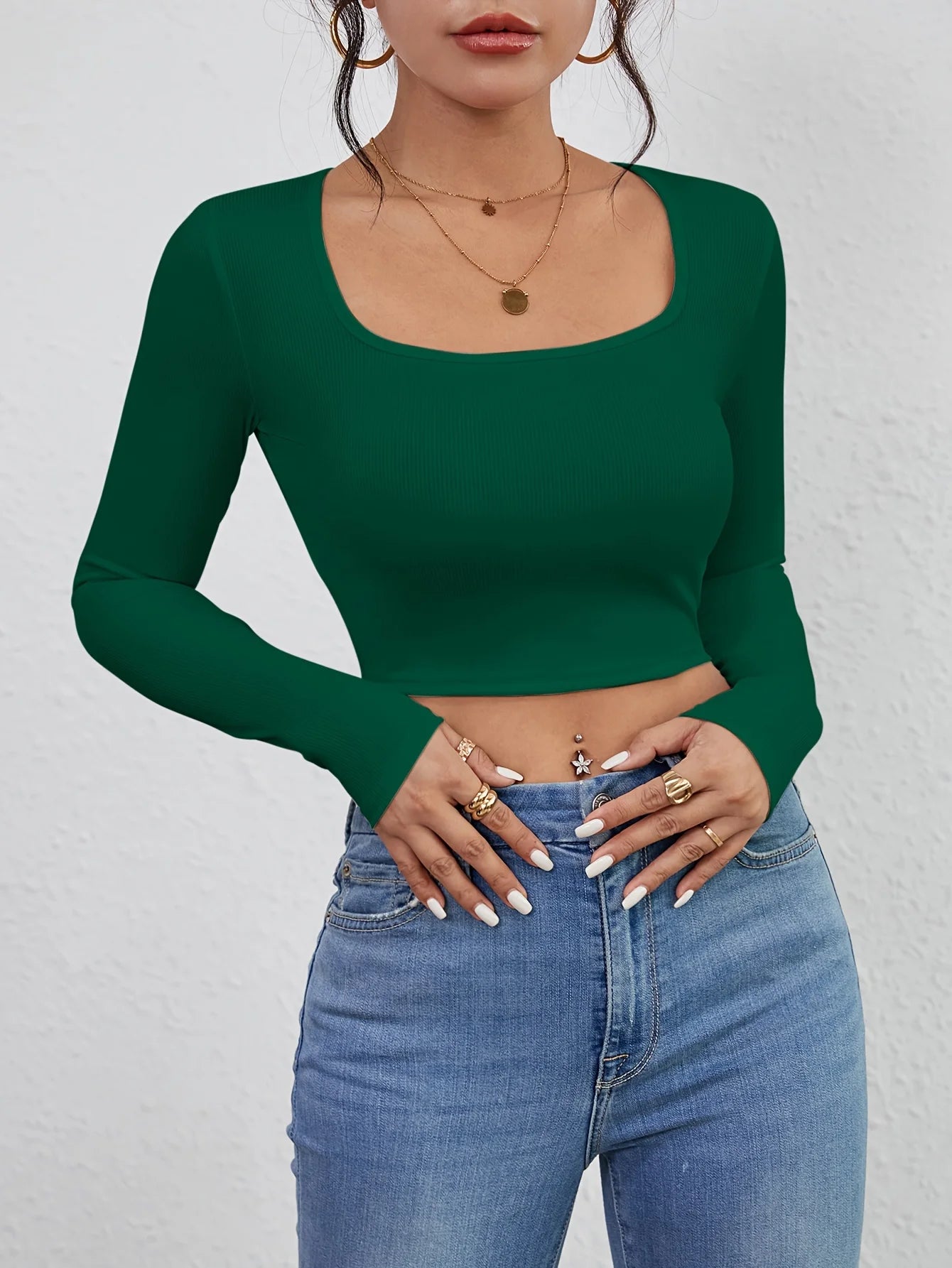 Casual Slim Fit Long-Sleeve Top – Sexy Square Neck T-Shirt with Exposed Navel for Women