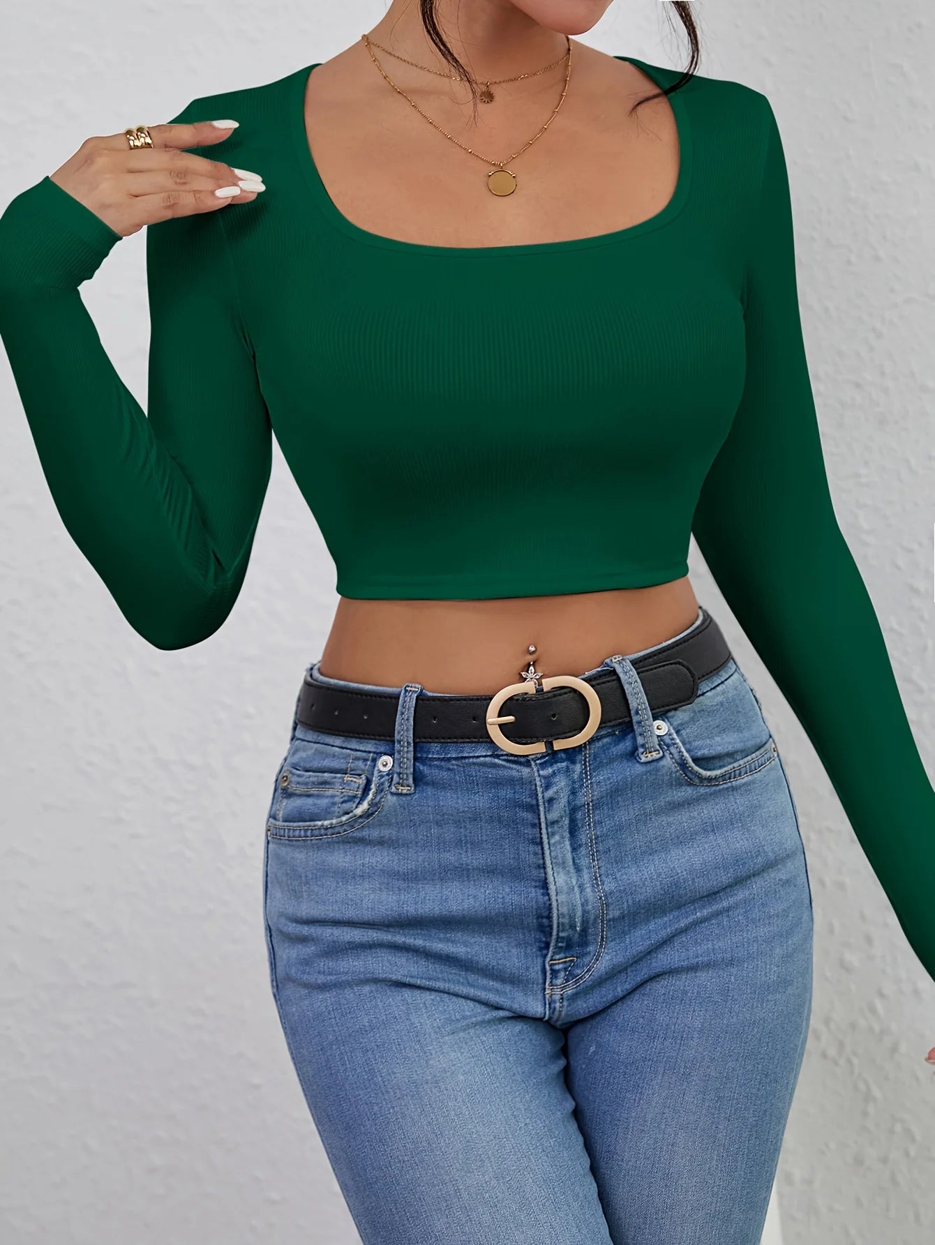 Casual Slim Fit Long-Sleeve Top – Sexy Square Neck T-Shirt with Exposed Navel for Women